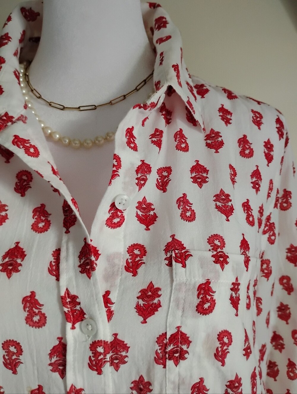 Lucky Brand Block Print Button Up Shirt Red White Classic Bohemian Size Small